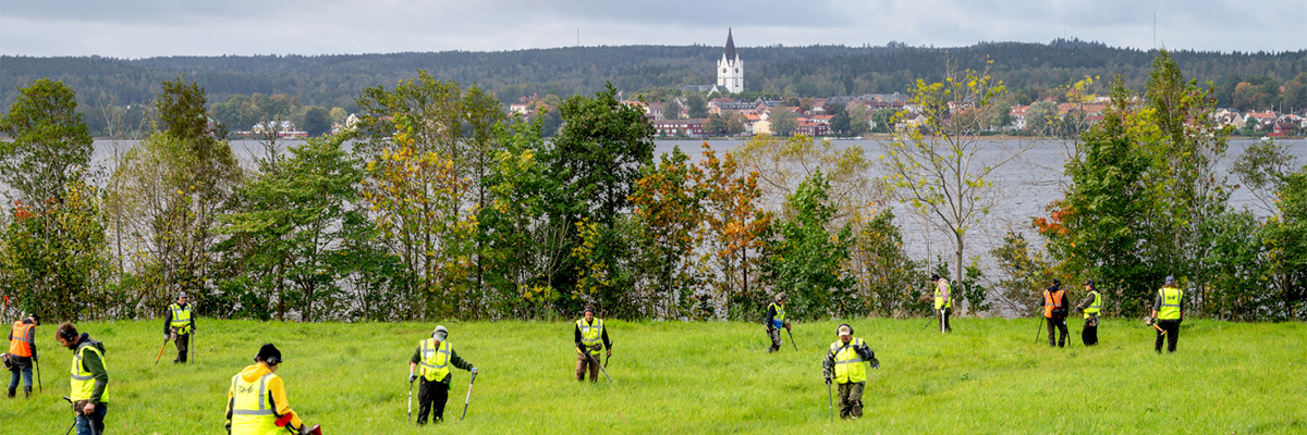 Metallsökning vid Södra Husby i Nora 2023. I bakgrunden Norasjön, staden och kyrkan. Foto Per Torgén.