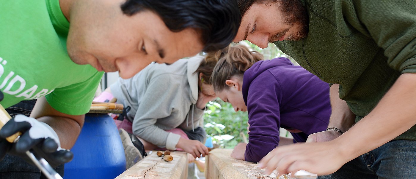 Fyra ungdomar jobbar med trä.