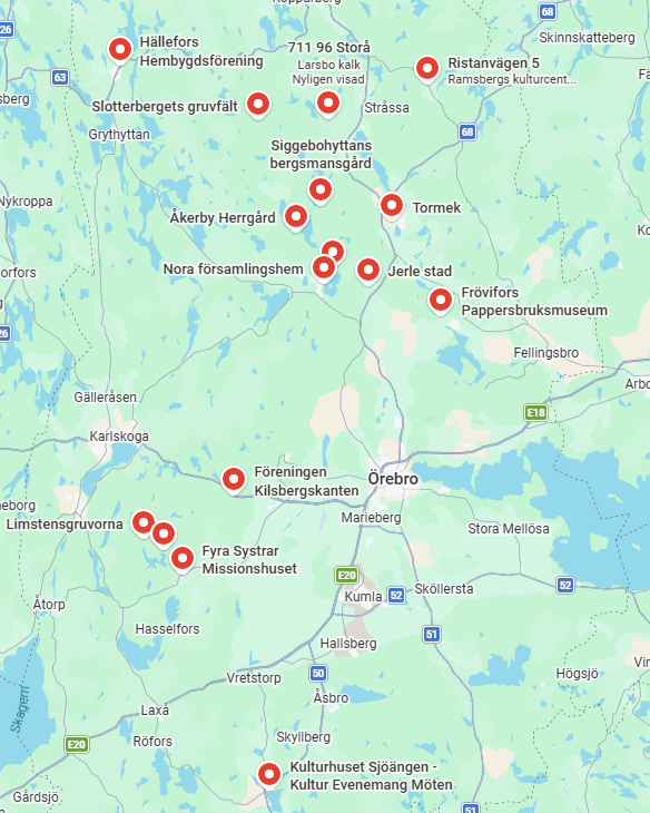 En karta över Örebro län med röda punkter som märker ut platser som deltar i Bergslagens historiedagar.